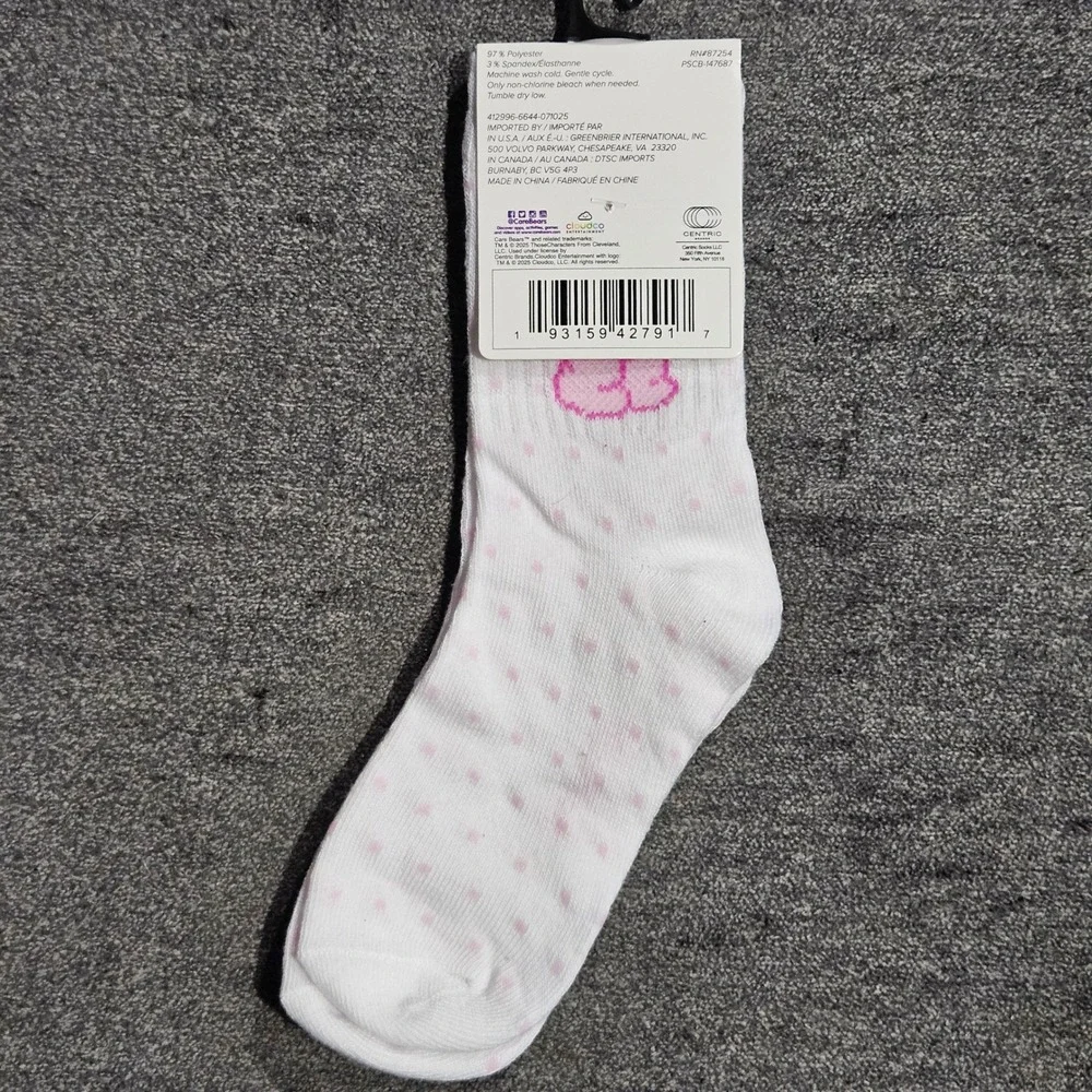 Care Bears Kids White Pink Polka Dot Crew Socks Shoe Size 10-4 New